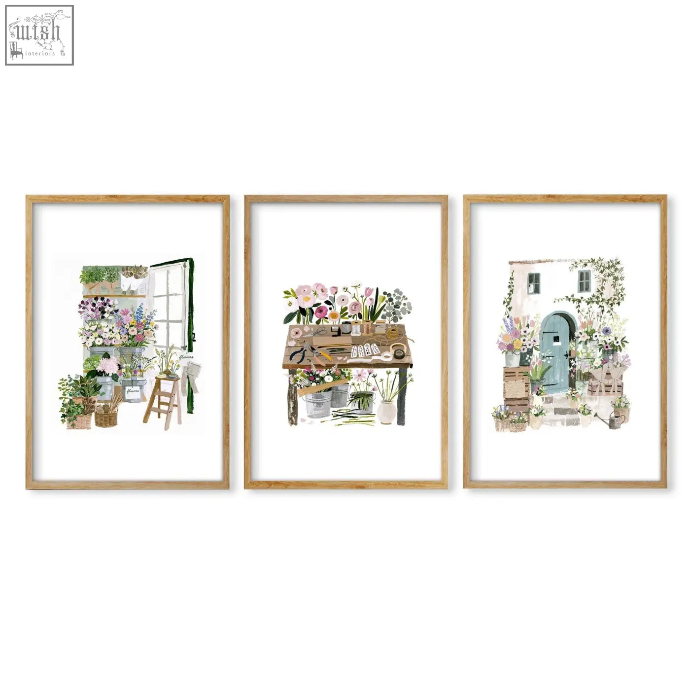 Set of three floral art illustrated prints in rustic wooden frames perfect for country cottage wall decor