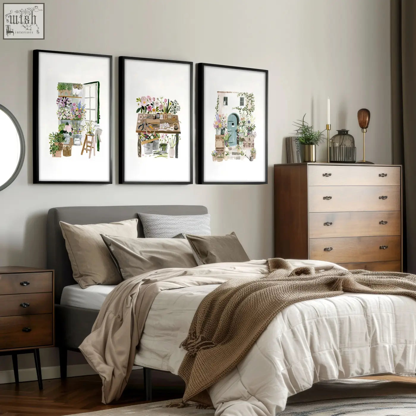 Three framed floral art illustrated prints with watercolor floral arrangements for country cottage wall decor