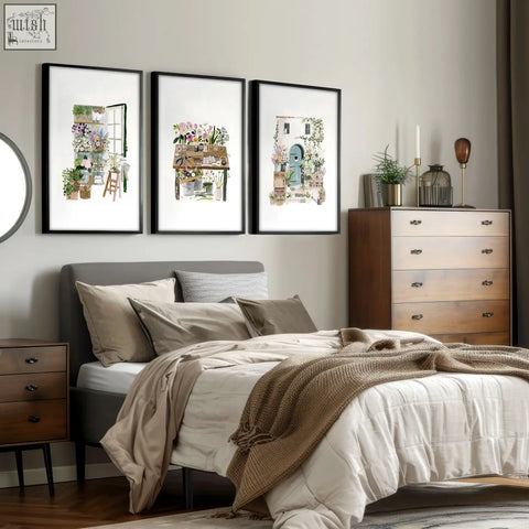 Three framed floral art illustrated prints with watercolor floral arrangements for country cottage wall decor