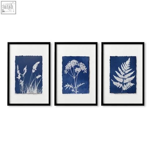 Set of three framed floral art wall cyanotype botanical indigo and white prints on textured paper