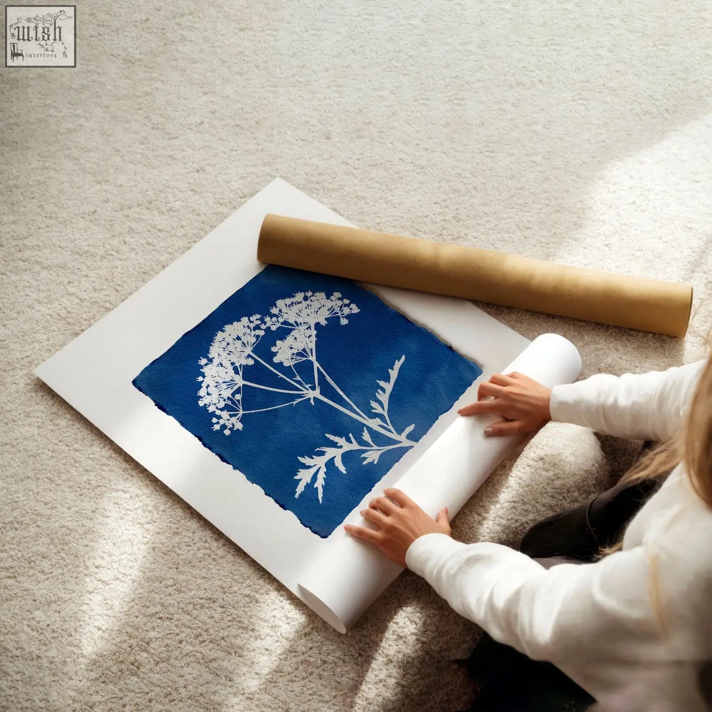 A framed floral art wall cyanotype print with white botanical design on deep indigo paper set of 3 wildflower prints
