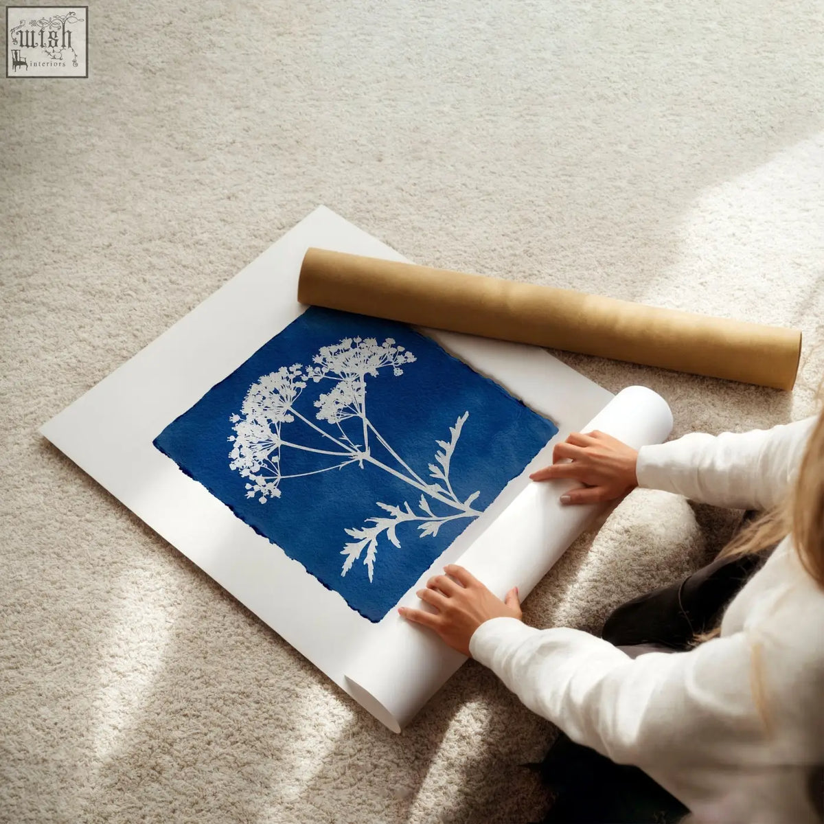 A framed floral art wall cyanotype print with white botanical design on deep indigo paper set of 3 wildflower prints