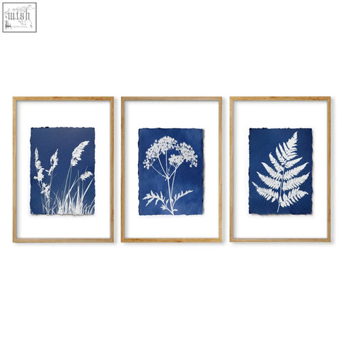 Set of three framed floral art wall cyanotype botanical prints with white silhouettes on deep blue paper in light wood frames
