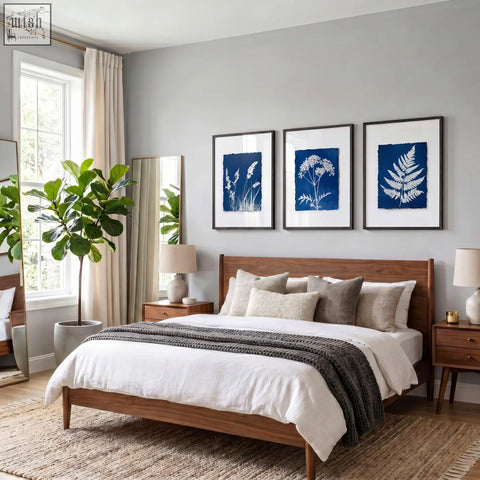 Wooden bed with natural finish headboard and nightstands below floral art wall cyanotype botanical prints set of 3