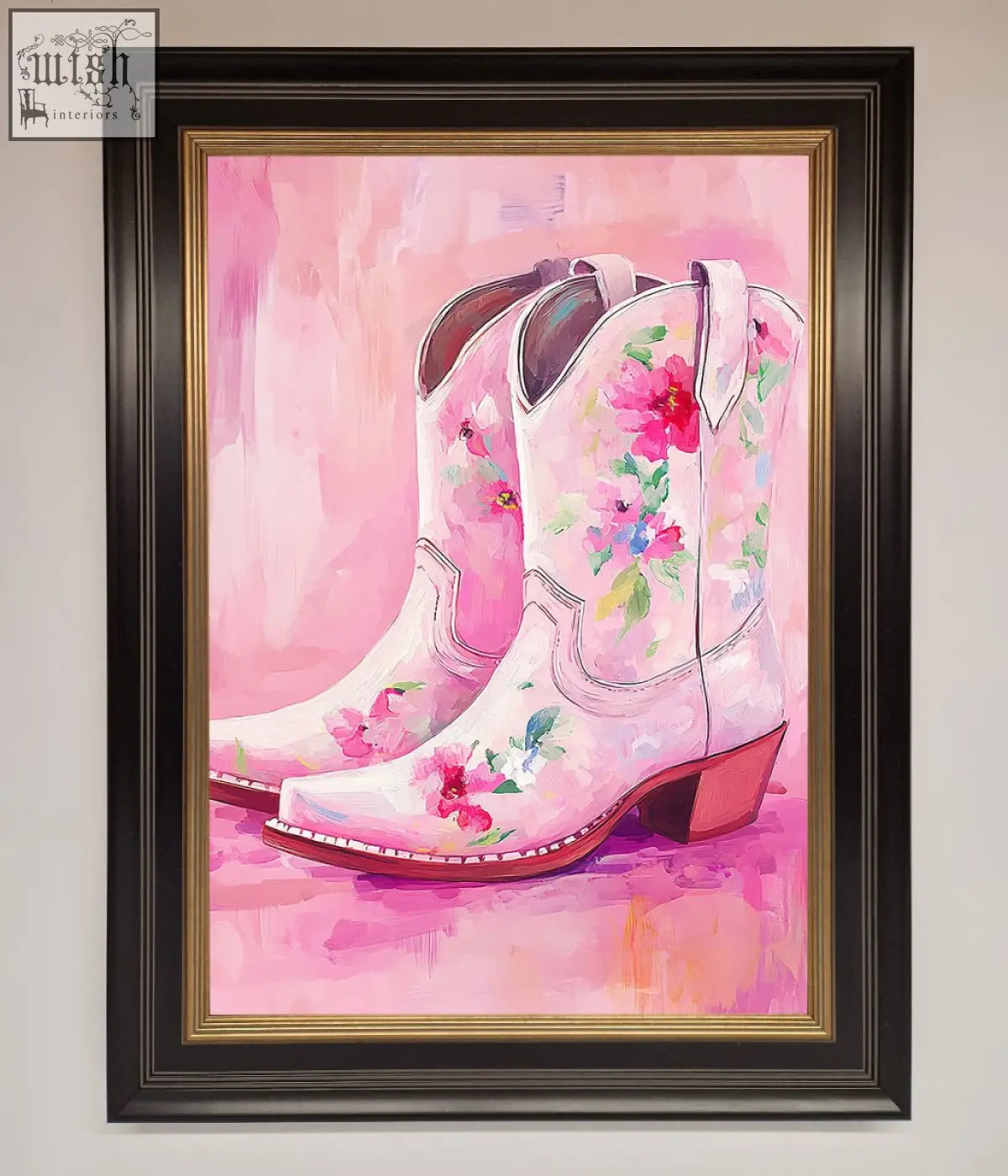 Pink floral cowboy boots with white stitching and reddish brown heel in an impressionistic cowboy boots framed poster