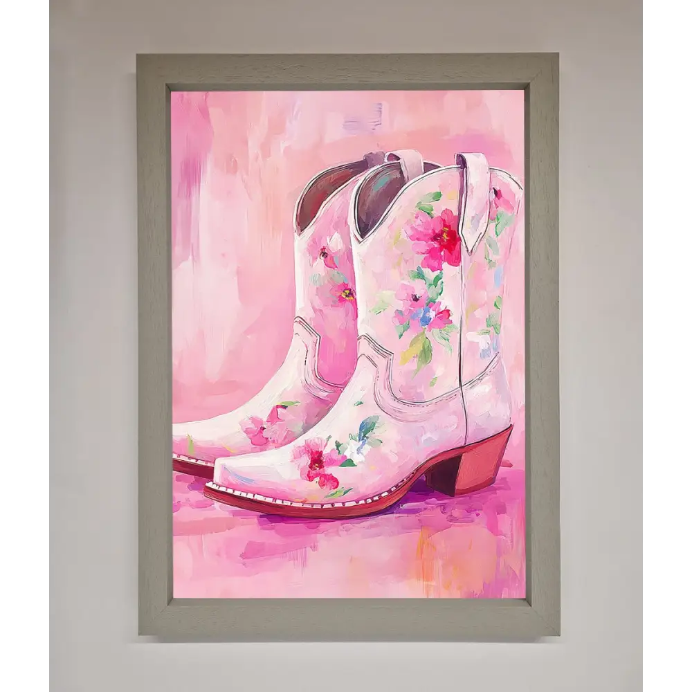 Floral Cowboy Boots Framed Poster - A3 (29.7 x 42 cm) / Grey - Framed Print