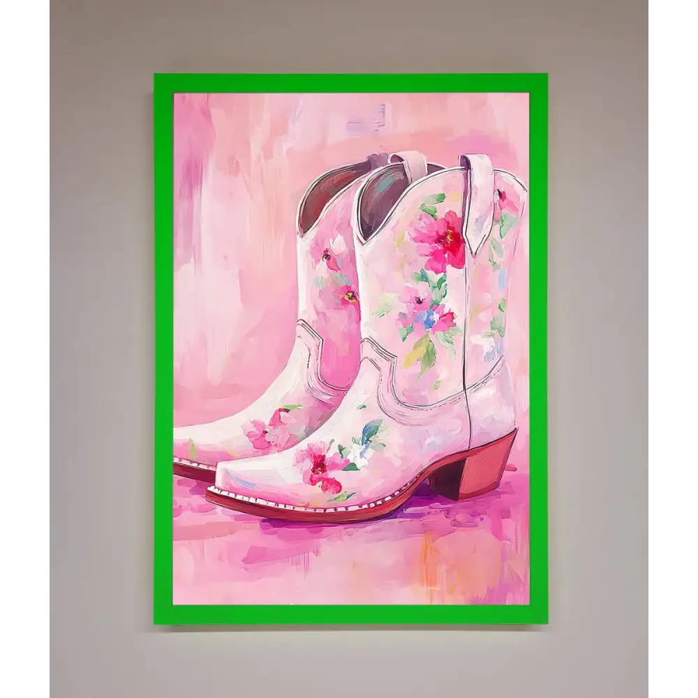 Floral Cowboy Boots Framed Poster - A3 (29.7 x 42 cm) / Neon Dark Green - Framed Print