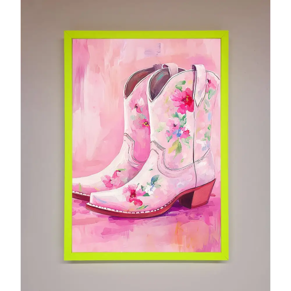 Floral Cowboy Boots Framed Poster - A3 (29.7 x 42 cm) / Neon Green - Framed Print