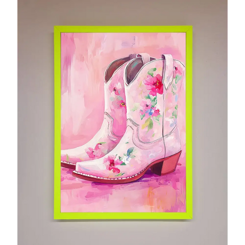 Floral Cowboy Boots Framed Poster - A3 (29.7 x 42 cm) / Neon Green - Framed Print