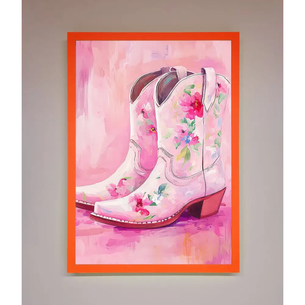 Floral Cowboy Boots Framed Poster - A3 (29.7 x 42 cm) / Neon Orange - Framed Print