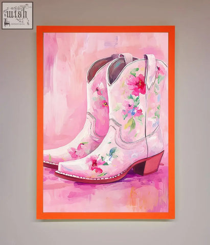 A vibrant pink floral cowboy boots framed poster with a bold orange frame perfect for boot lovers wall art