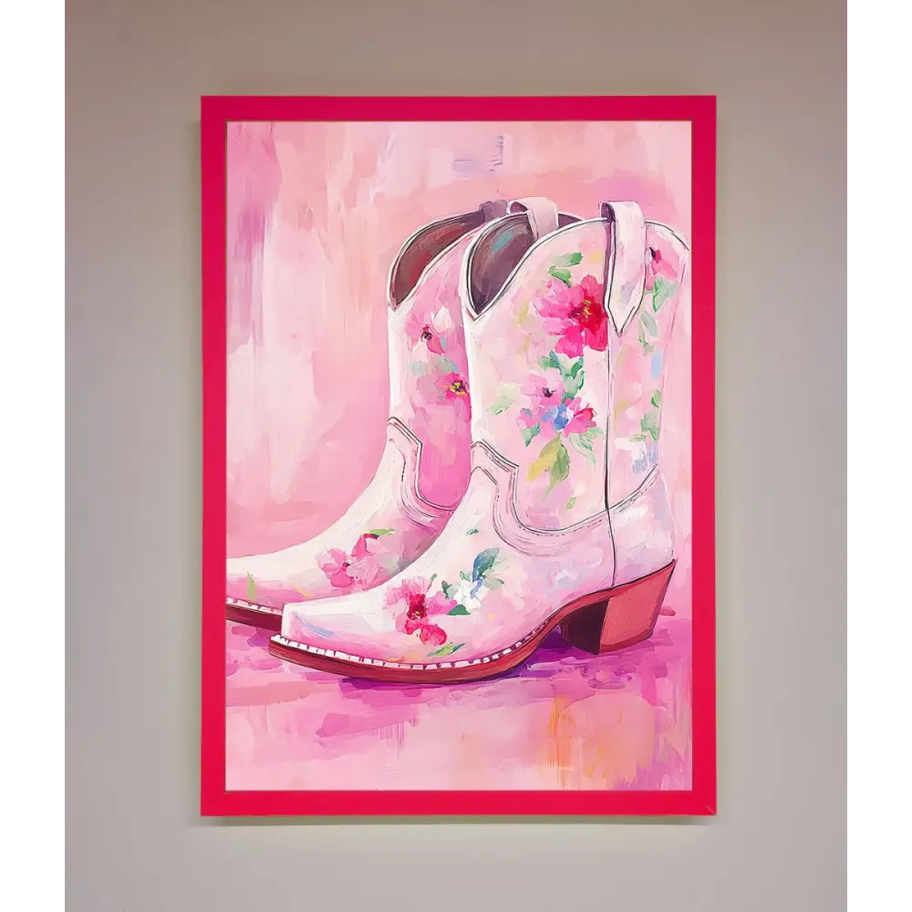 Floral Cowboy Boots Framed Poster - A3 (29.7 x 42 cm) / Neon Pink - Framed Print