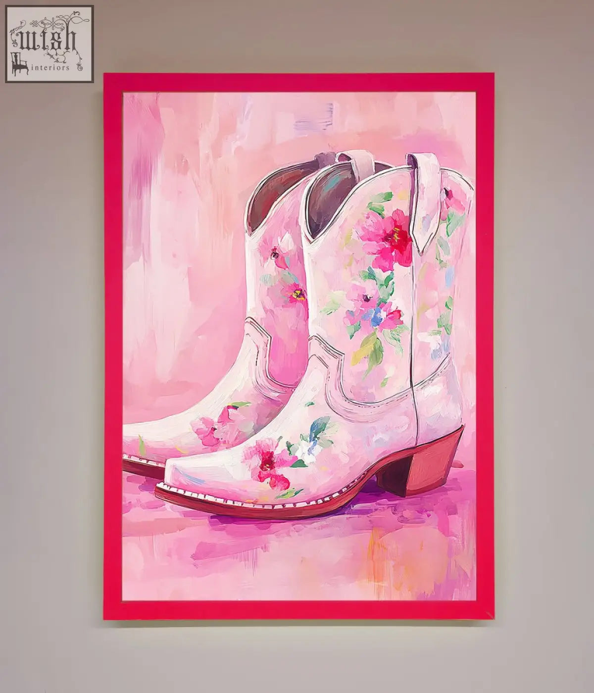 A vibrant pink-framed poster featuring white floral cowboy boots with colorful red blue and green patterns boots framed poster
