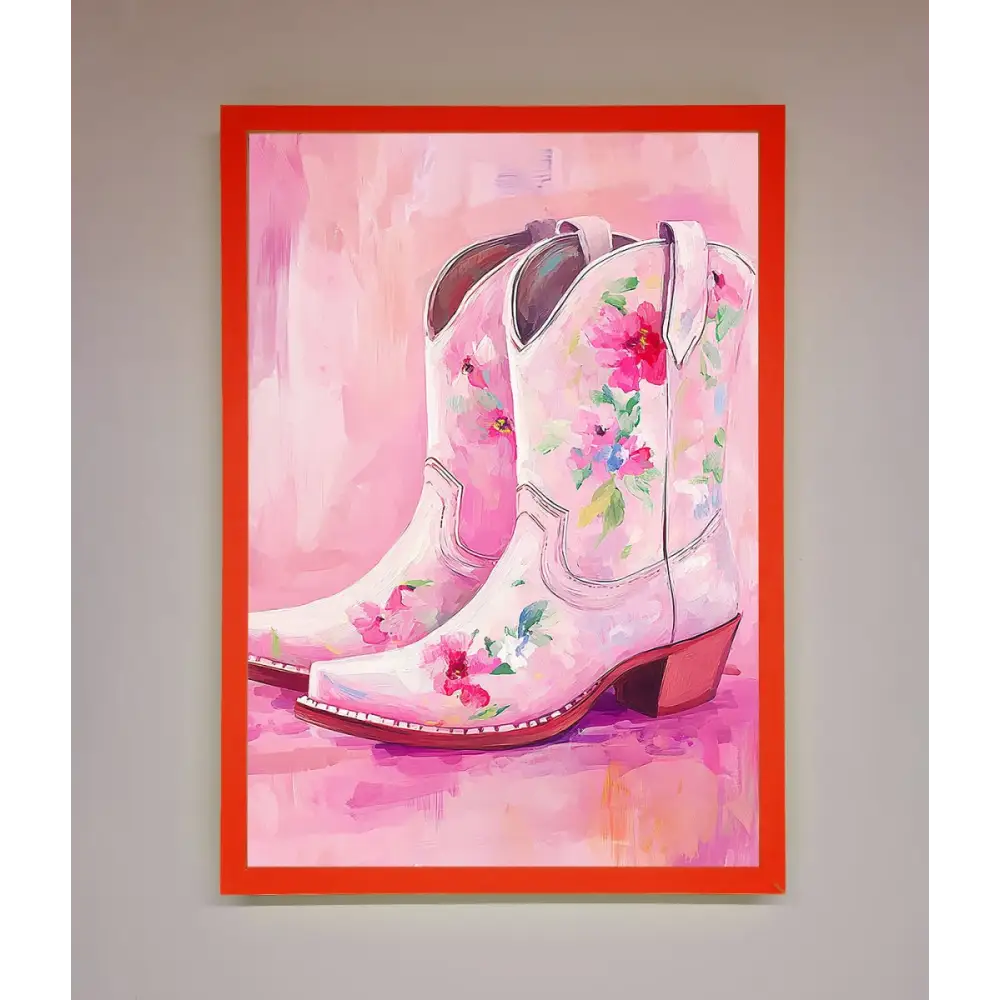 Floral Cowboy Boots Framed Poster - A3 (29.7 x 42 cm) / Neon Red - Framed Print