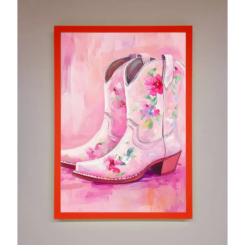 Floral Cowboy Boots Framed Poster - A3 (29.7 x 42 cm) / Neon Red - Framed Print