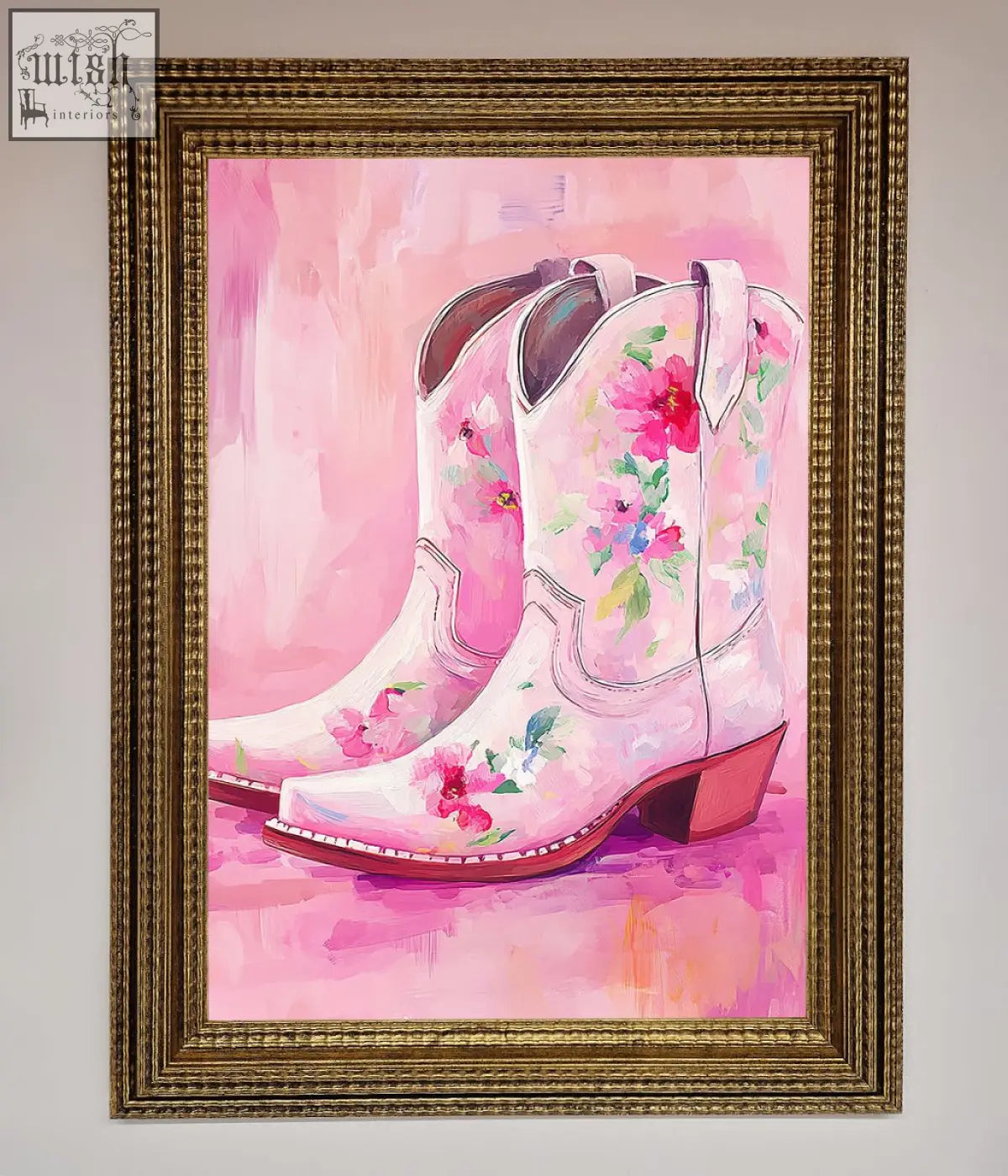 Pink floral cowboy boots painted on canvas in a gold frame perfect floral cowboy boots framed poster
