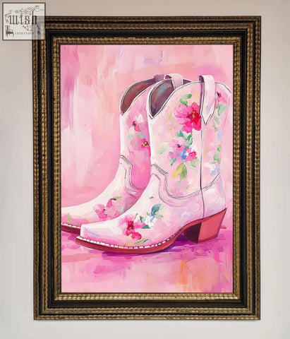 A framed poster of pink floral cowboy boots with red and blue blossoms on white leather floral cowboy boots design