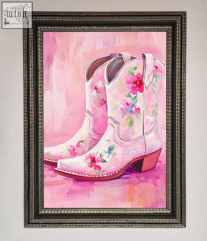 Pink floral cowboy boots with glossy finish and red soles in an artistic style on a cowboy boots framed poster