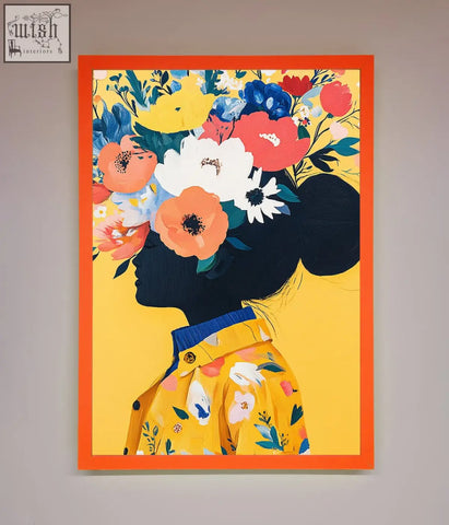 Vibrant floral explosion yellow framed print with a woman silhouette and bold orange blossoms on sunny yellow background