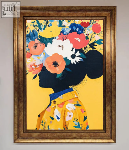 Floral explosion yellow framed print featuring a vibrant floral portrait with colorful blossoms in a gold-toned frame