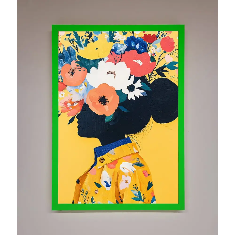 Floral Explosion Yellow Framed Print - B0 (100 x 141 cm) / Neon Dark Green - Framed Print