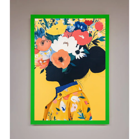Floral Explosion Yellow Framed Print - B0 (100 x 141 cm) / Neon Dark Green - Framed Print