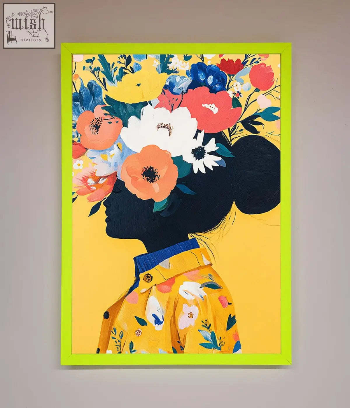 Vibrant floral explosion yellow framed print with a neon green frame and colorful blossoms on a sunny background