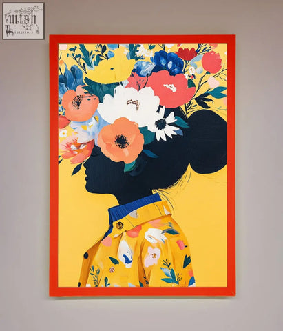 Vibrant floral explosion yellow framed print with black girl silhouette in yellow shirt and bold red borders on yellow background