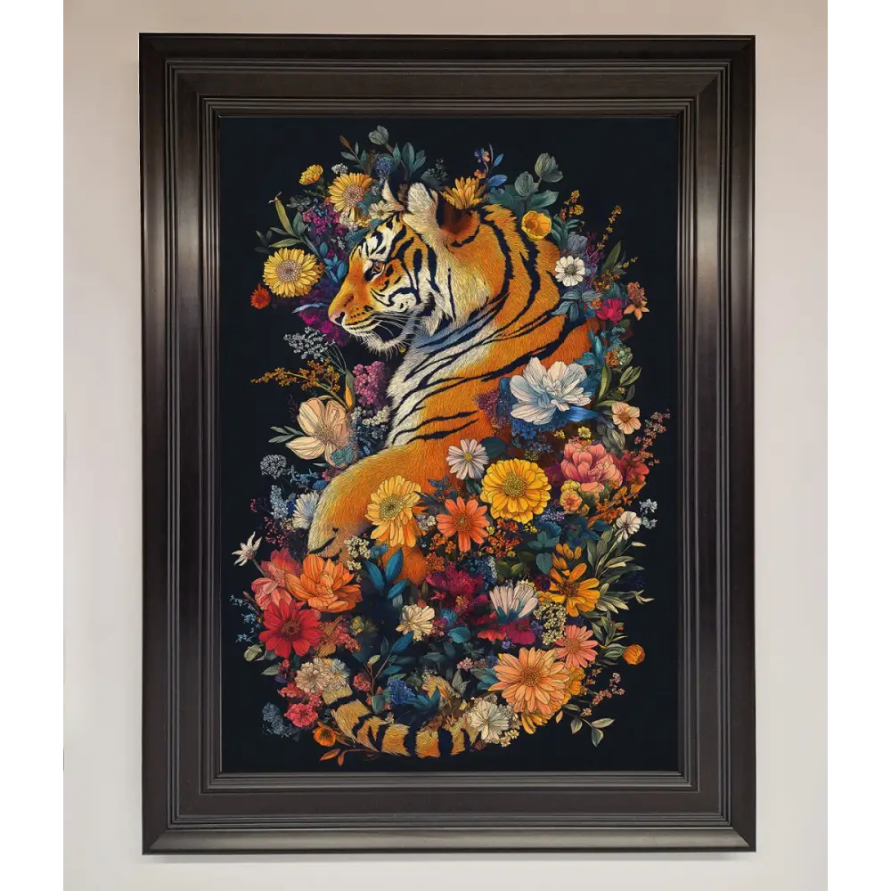 Floral Garden Tiger Framed Wall Art - A1 (59.4 x 84.1 cm) / Matt Black - Framed Print
