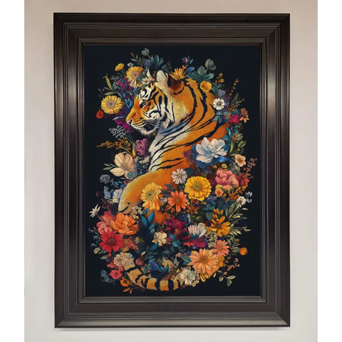 Floral Garden Tiger Framed Wall Art - A1 (59.4 x 84.1 cm) / Matt Black - Framed Print
