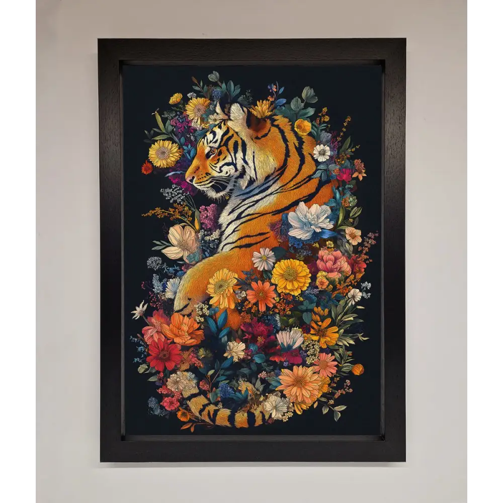 Floral Garden Tiger Framed Wall Art - A3 (29.7 x 42 cm) / Black - Framed Print