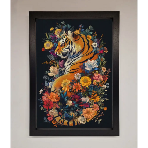 Floral Garden Tiger Framed Wall Art - A3 (29.7 x 42 cm) / Black - Framed Print