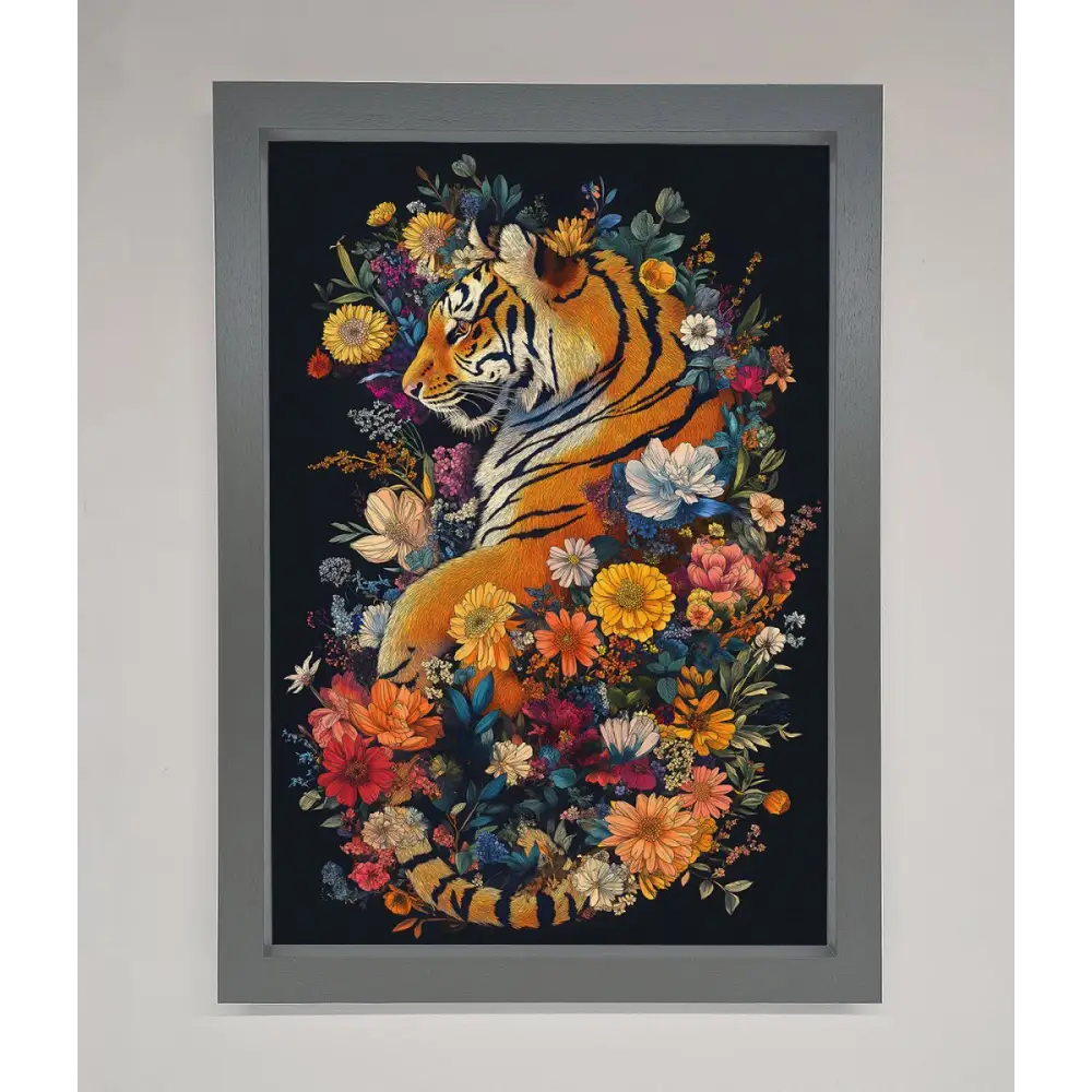 Floral Garden Tiger Framed Wall Art - A3 (29.7 x 42 cm) / Dark Grey - Framed Print