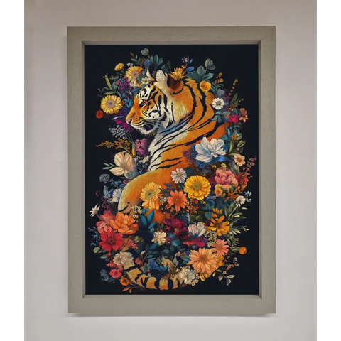Floral Garden Tiger Framed Wall Art - A3 (29.7 x 42 cm) / Grey - Framed Print