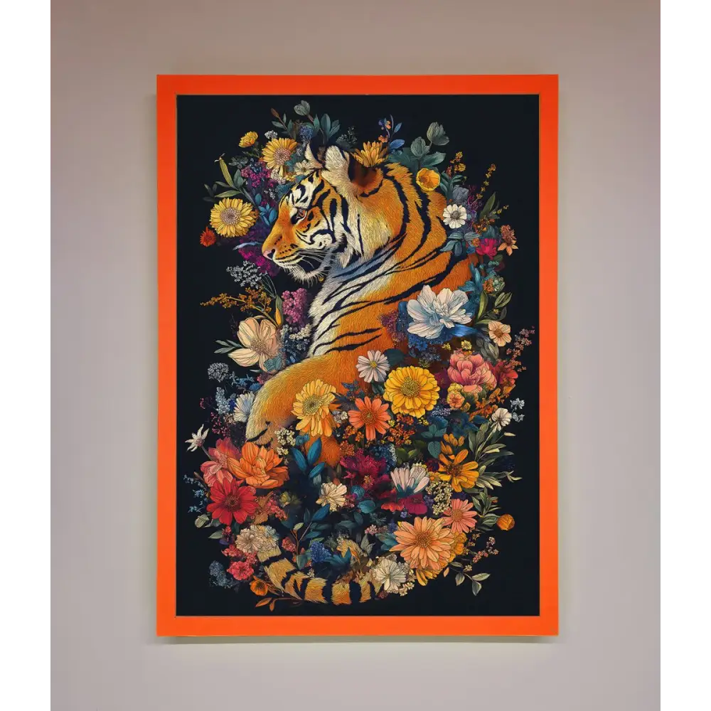 Floral Garden Tiger Framed Wall Art - A3 (29.7 x 42 cm) / Neon Orange - Framed Print