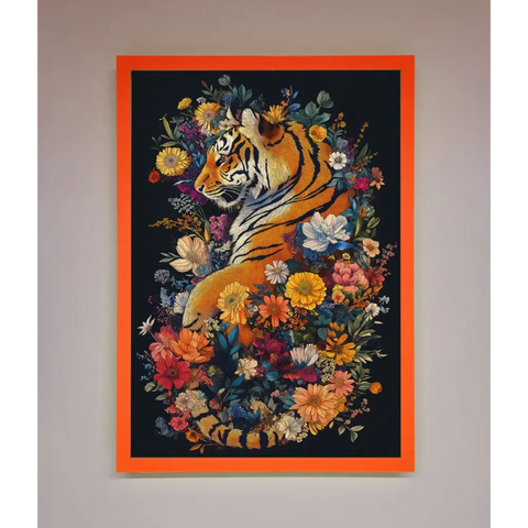 Floral Garden Tiger Framed Wall Art - A3 (29.7 x 42 cm) / Neon Orange - Framed Print