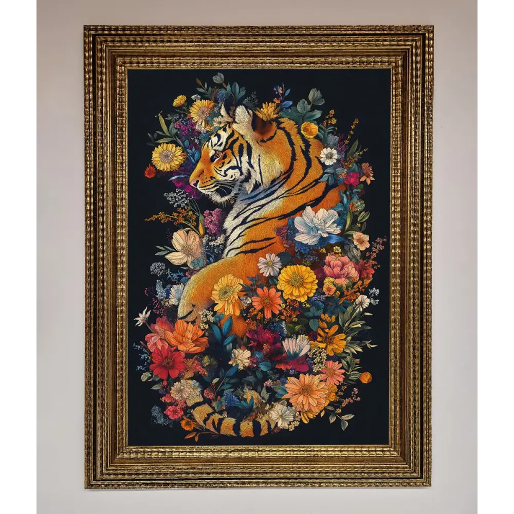Floral Garden Tiger Framed Wall Art - A3 (29.7 x 42 cm) / Ornate Gold - Framed Print
