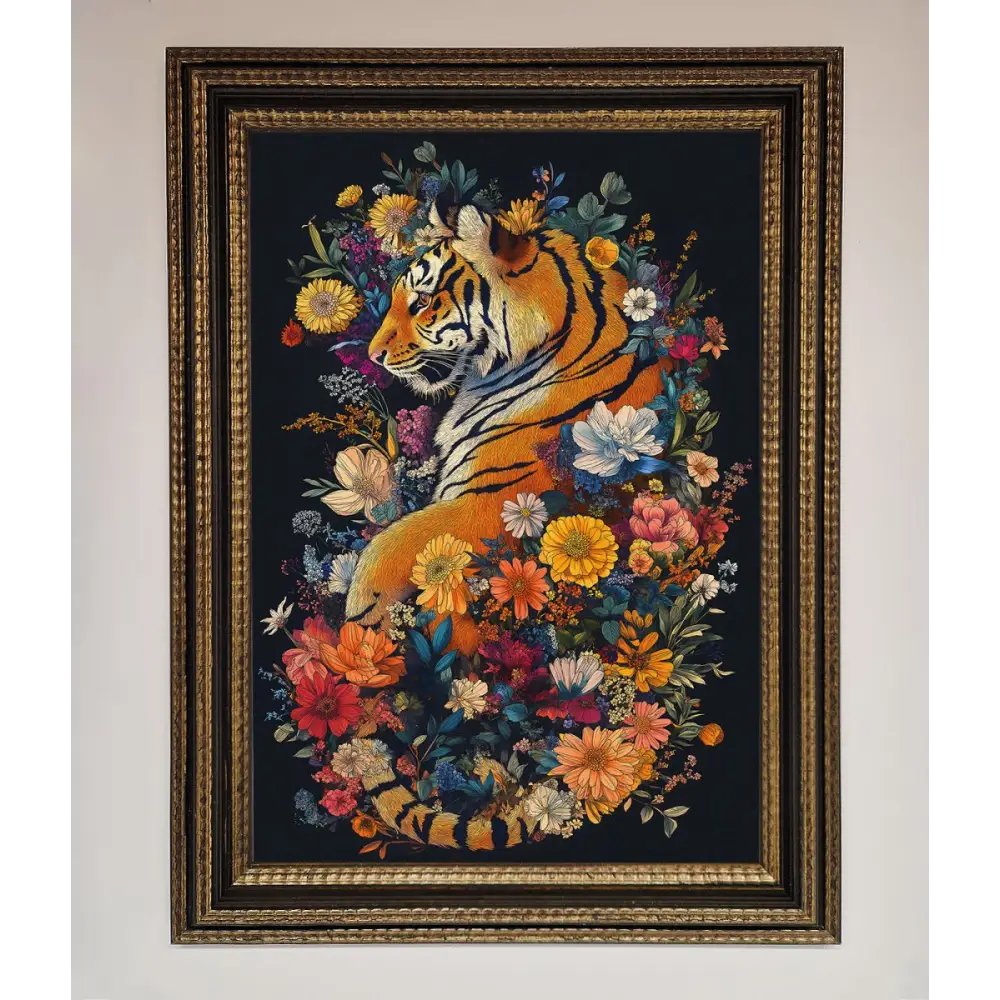 Floral Garden Tiger Framed Wall Art - A3 (29.7 x 42 cm) / Ornate Gold Black - Framed Print