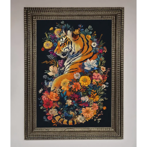 Floral Garden Tiger Framed Wall Art - A3 (29.7 x 42 cm) / Ornate Silver - Framed Print