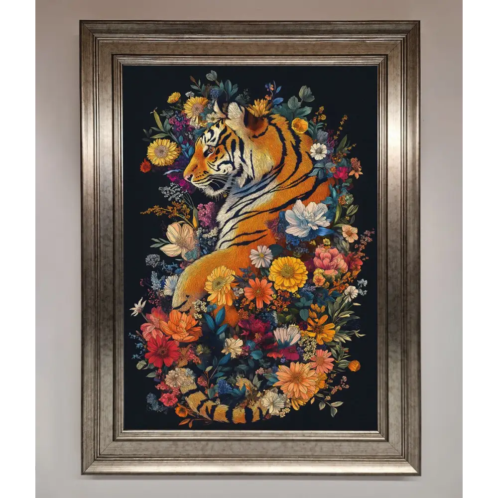 Floral Garden Tiger Framed Wall Art - A3 (29.7 x 42 cm) / Silver - Framed Print
