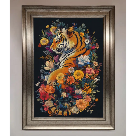 Floral Garden Tiger Framed Wall Art - A3 (29.7 x 42 cm) / Silver - Framed Print