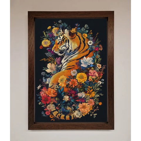 Floral Garden Tiger Framed Wall Art - A3 (29.7 x 42 cm) / Walnut - Framed Print