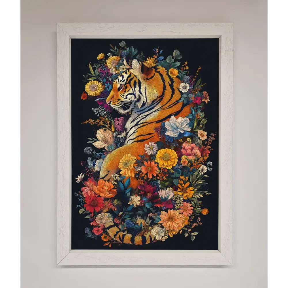 Floral Garden Tiger Framed Wall Art - A3 (29.7 x 42 cm) / White - Framed Print
