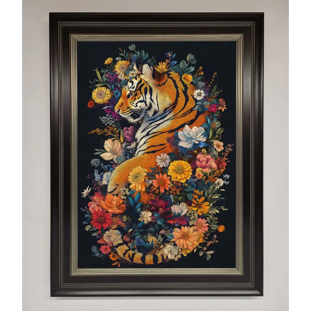 Floral Garden Tiger Framed Wall Art - B0 (100 x 141 cm) / Black Silver - Framed Print