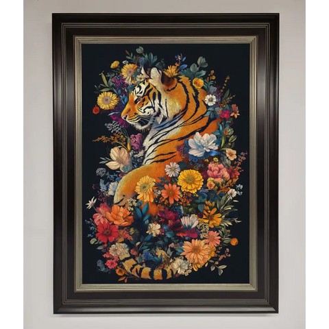 Floral Garden Tiger Framed Wall Art - B0 (100 x 141 cm) / Black Silver - Framed Print