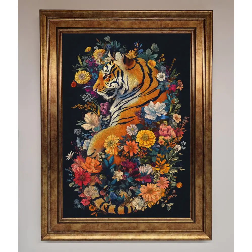Floral Garden Tiger Framed Wall Art - B0 (100 x 141 cm) / Bronze - Framed Print