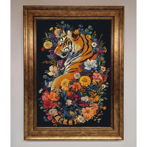 Floral Garden Tiger Framed Wall Art - B0 (100 x 141 cm) / Bronze - Framed Print