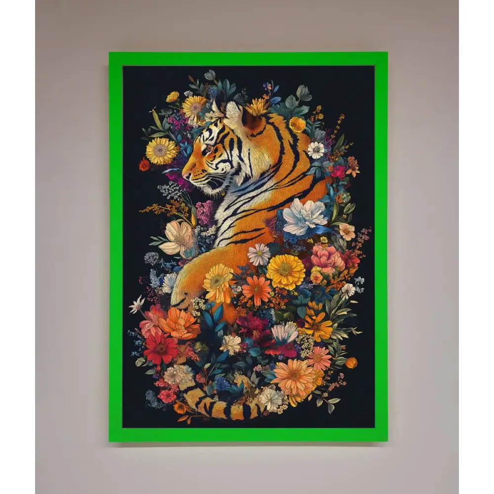 Floral Garden Tiger Framed Wall Art - B0 (100 x 141 cm) / Neon Dark Green - Framed Print