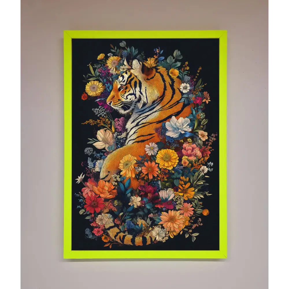 Floral Garden Tiger Framed Wall Art - B0 (100 x 141 cm) / Neon Green - Framed Print