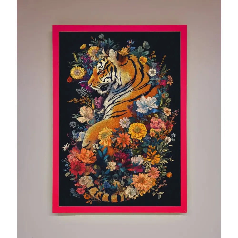 Floral Garden Tiger Framed Wall Art - B0 (100 x 141 cm) / Neon Pink - Framed Print